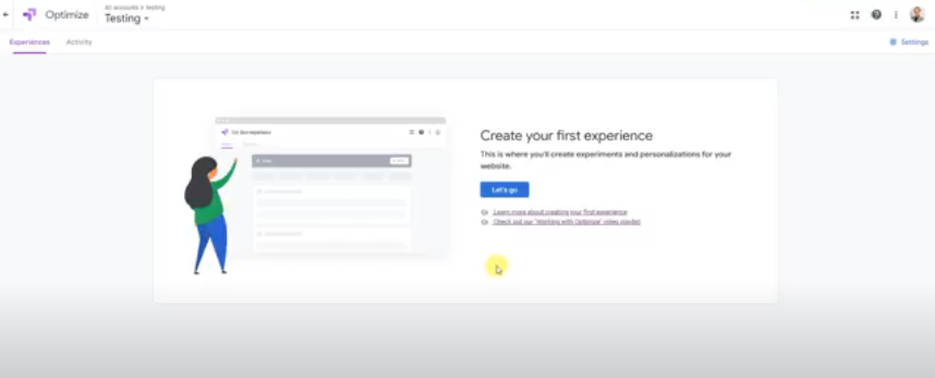 GOOGLE optimize create first experience page