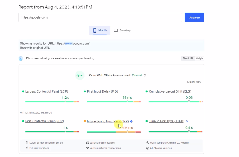 INP page speed insights